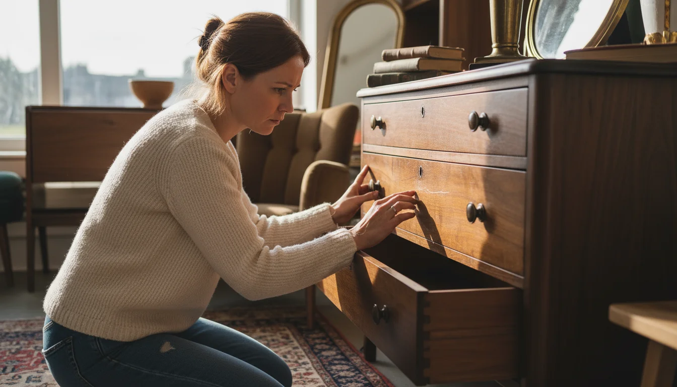 A woman carefully inspects a vintage wooden chest of drawers in a sunlit secondhand store, assessing its condition.