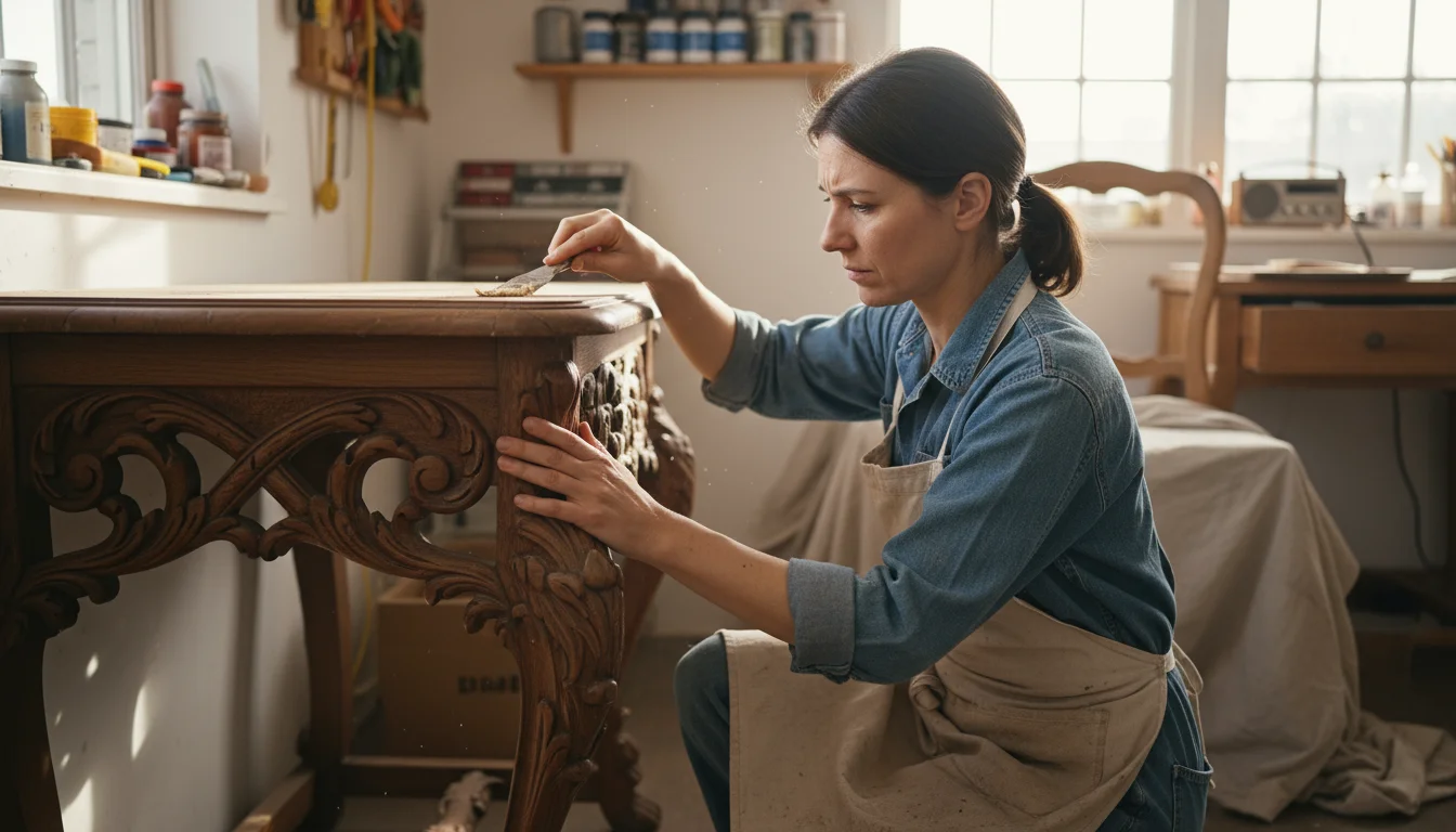 A woman intently smooths wood filler onto a scratch on a vintage wooden console table. An antique chair with a C-clamp on a re-glued leg sits nearby.