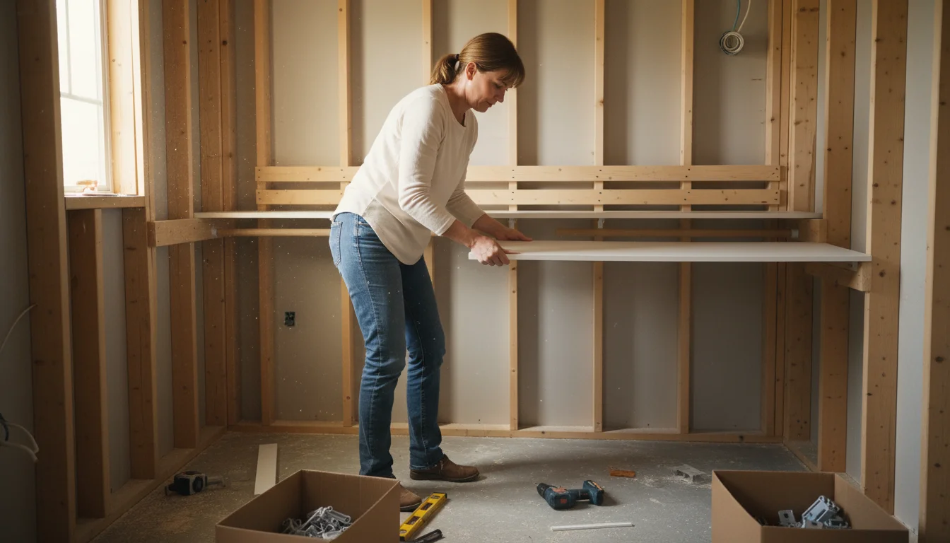 Woman in jeans carefully placing a white melamine shelf onto wooden cleats inside a partially constructed closet with natural light.