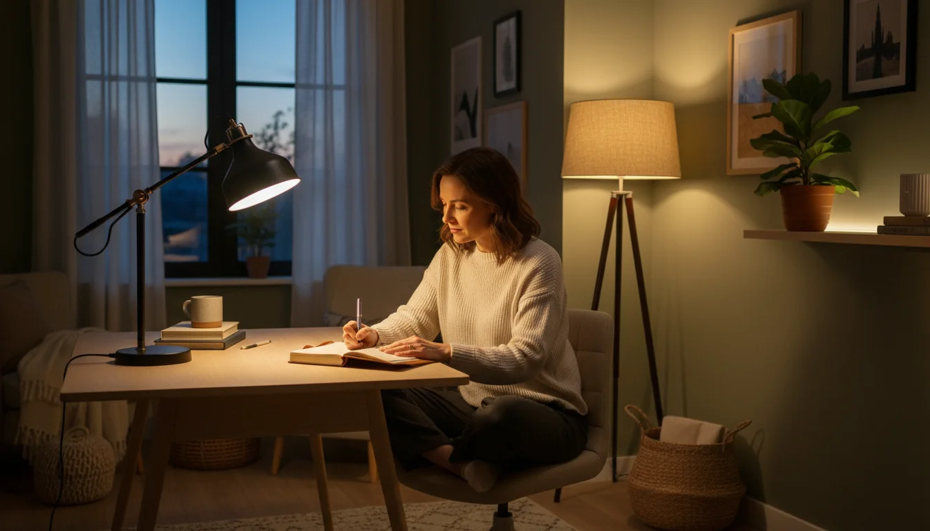 Woman journaling at a warm, organized home office desk with adjustable task lamp, floor lamp, and accent light on a plant.