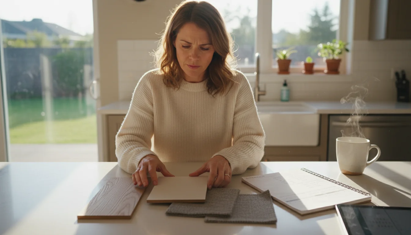 Woman at kitchen island comparing custom closet material samples with budget notes on a tablet and notebook.