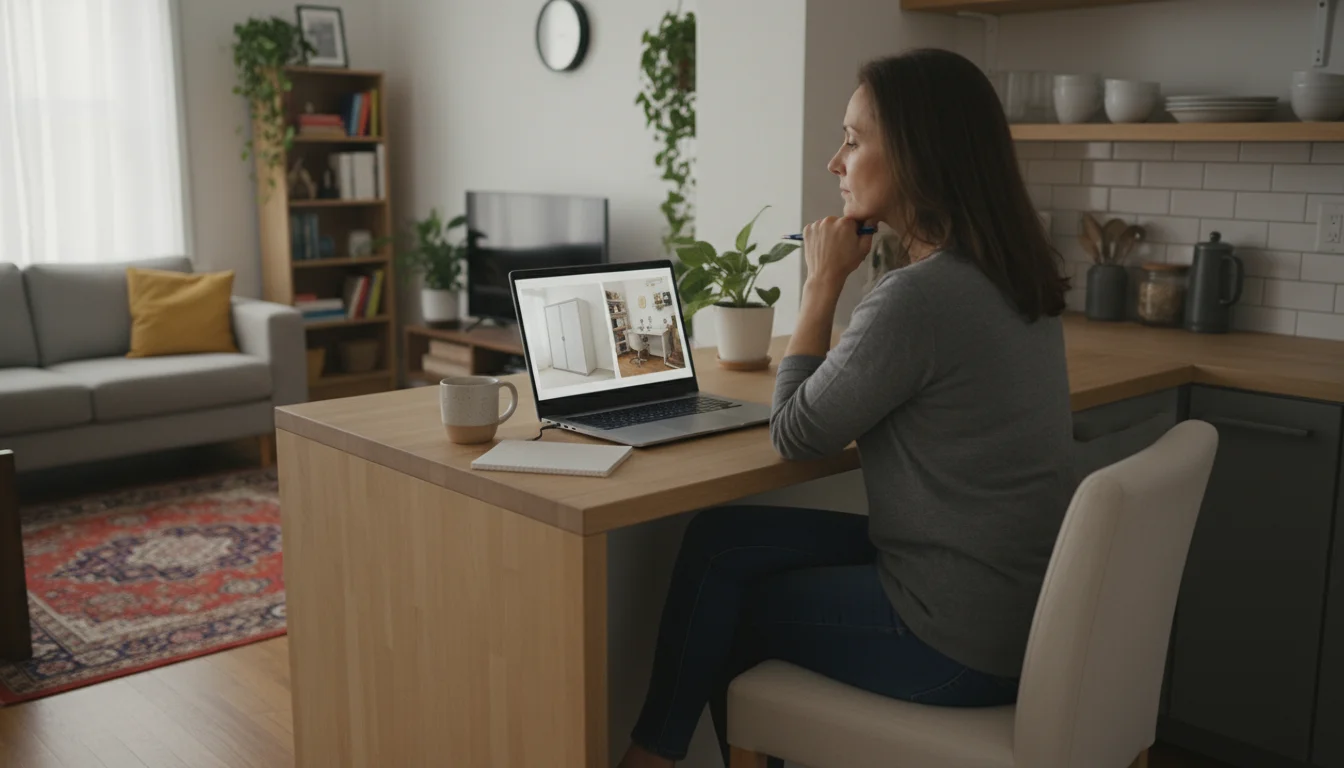Woman at kitchen island, comparing various Murphy bed options on a laptop with a budget planner and coffee mug.