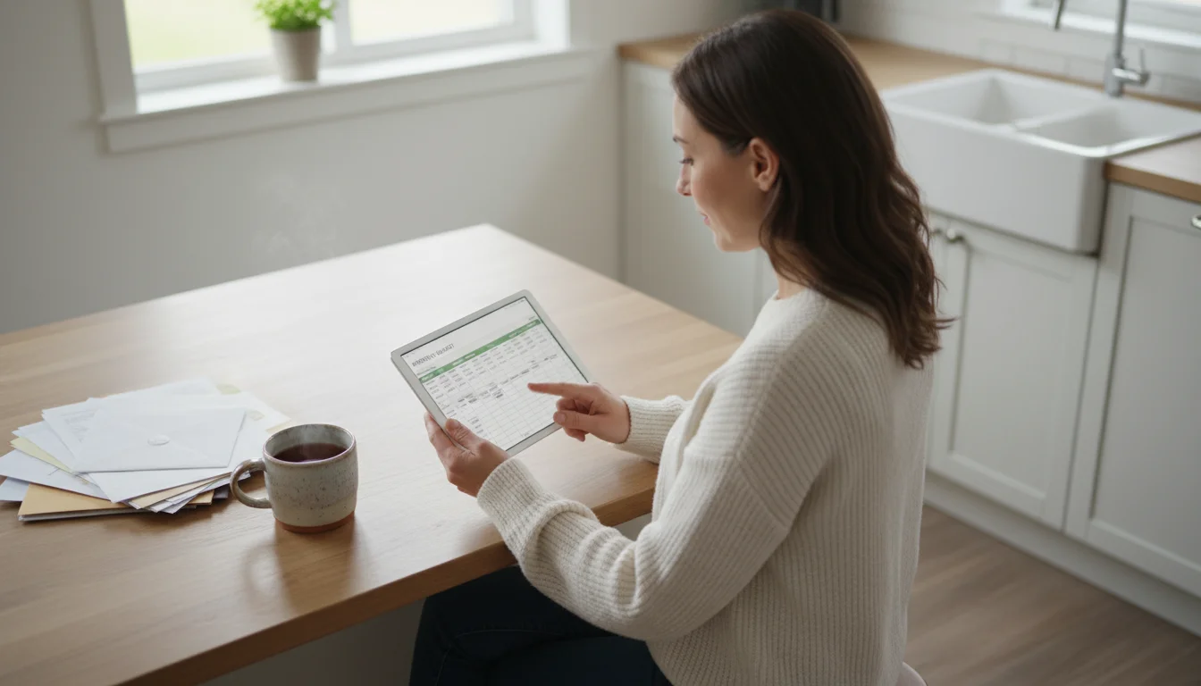 Woman at kitchen island reviewing a budget on a tablet, with a sleek, modern refrigerator in the background.