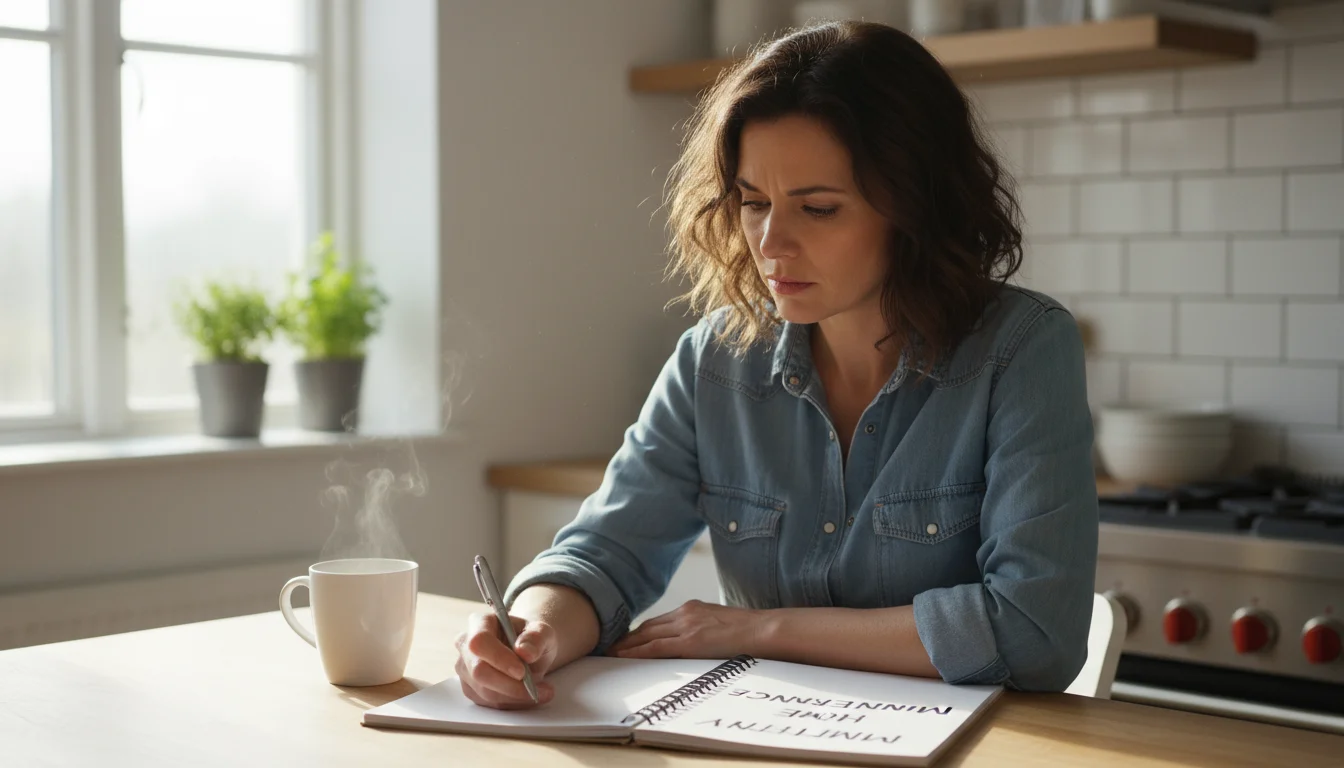 Woman at kitchen island thoughtfully reading a home maintenance notebook next to a coffee mug.