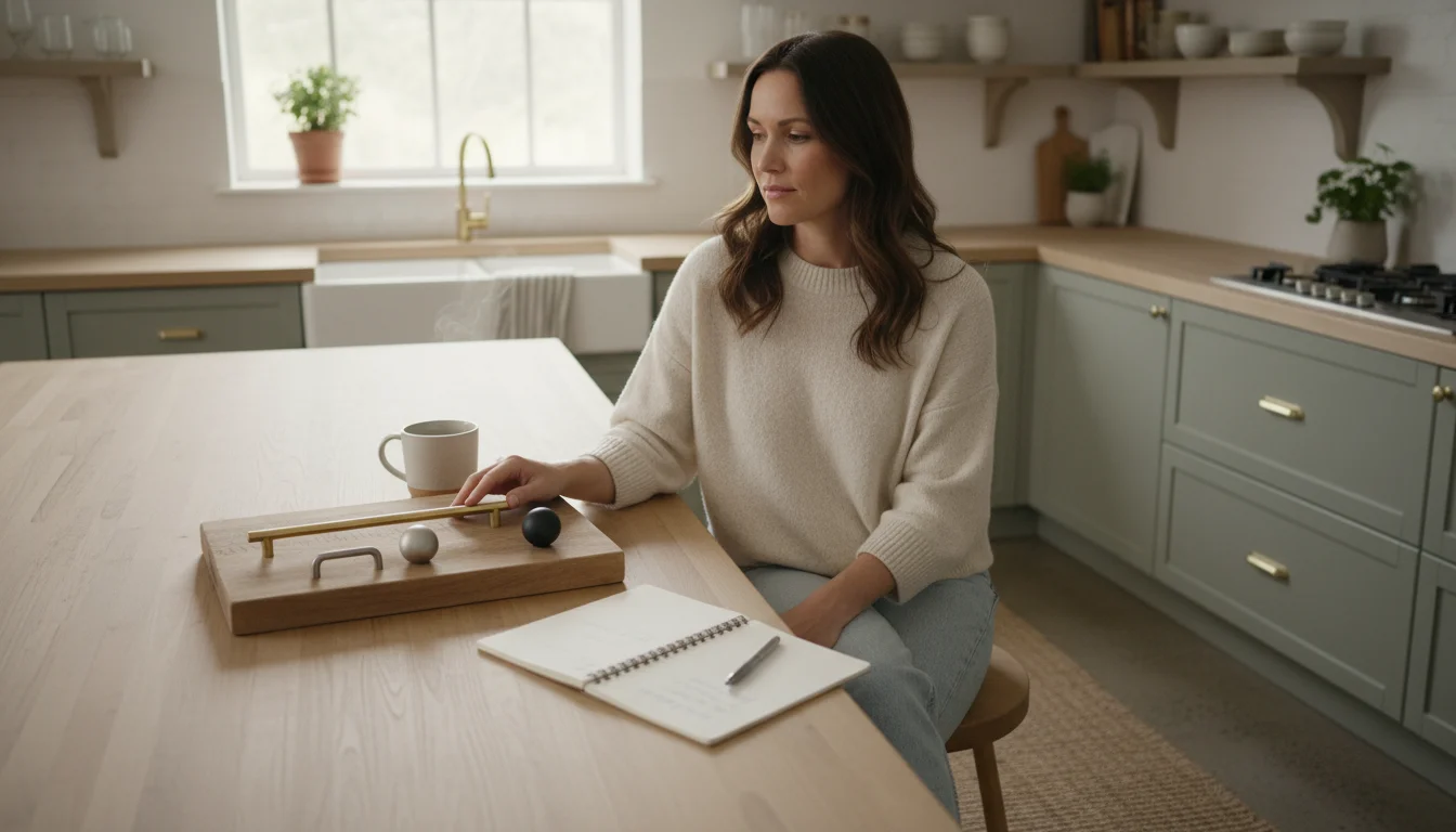 A woman at a kitchen island, looking thoughtfully at three different cabinet hardware samples, a notebook, and a mug.