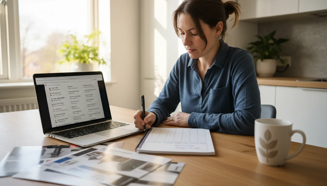 Woman at a kitchen table with a laptop, notebook, and pen, planning a bathroom budget.