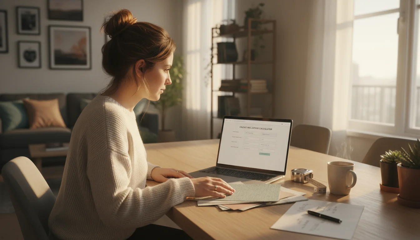 Woman at a kitchen table planning wallpaper. Laptop shows calculator, wallpaper swatches and tape measure on table.