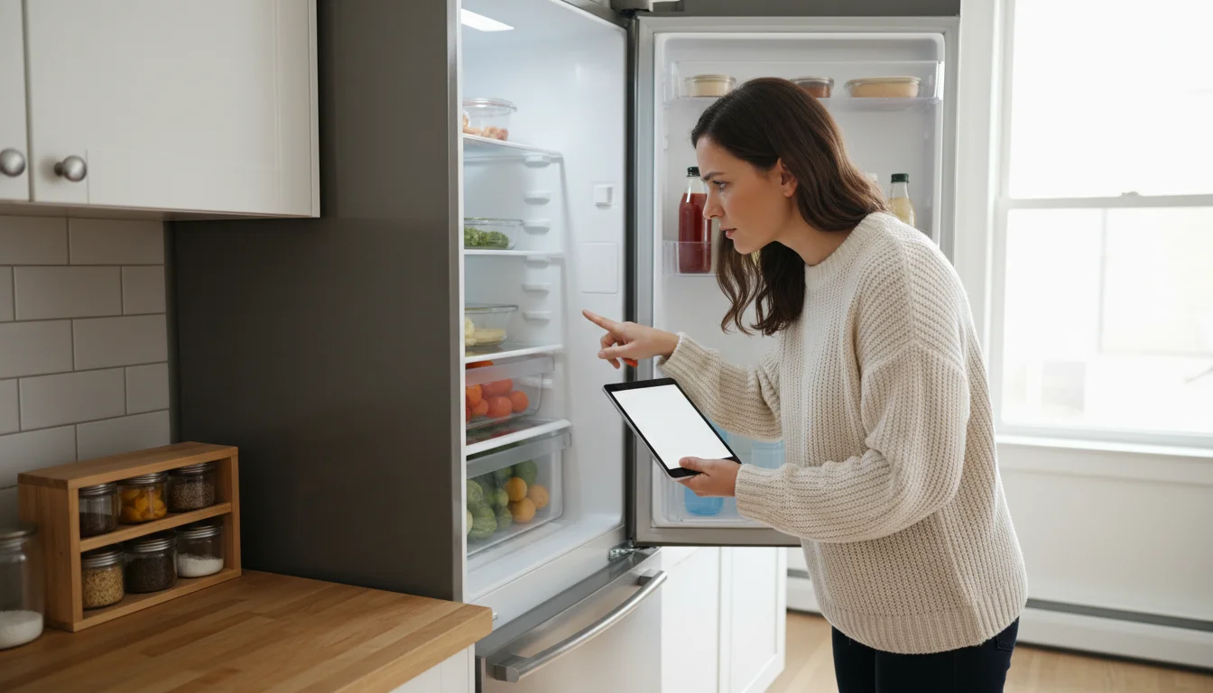 Woman in kitchen with tablet, examining open refrigerator door, with organized spice rack on counter.