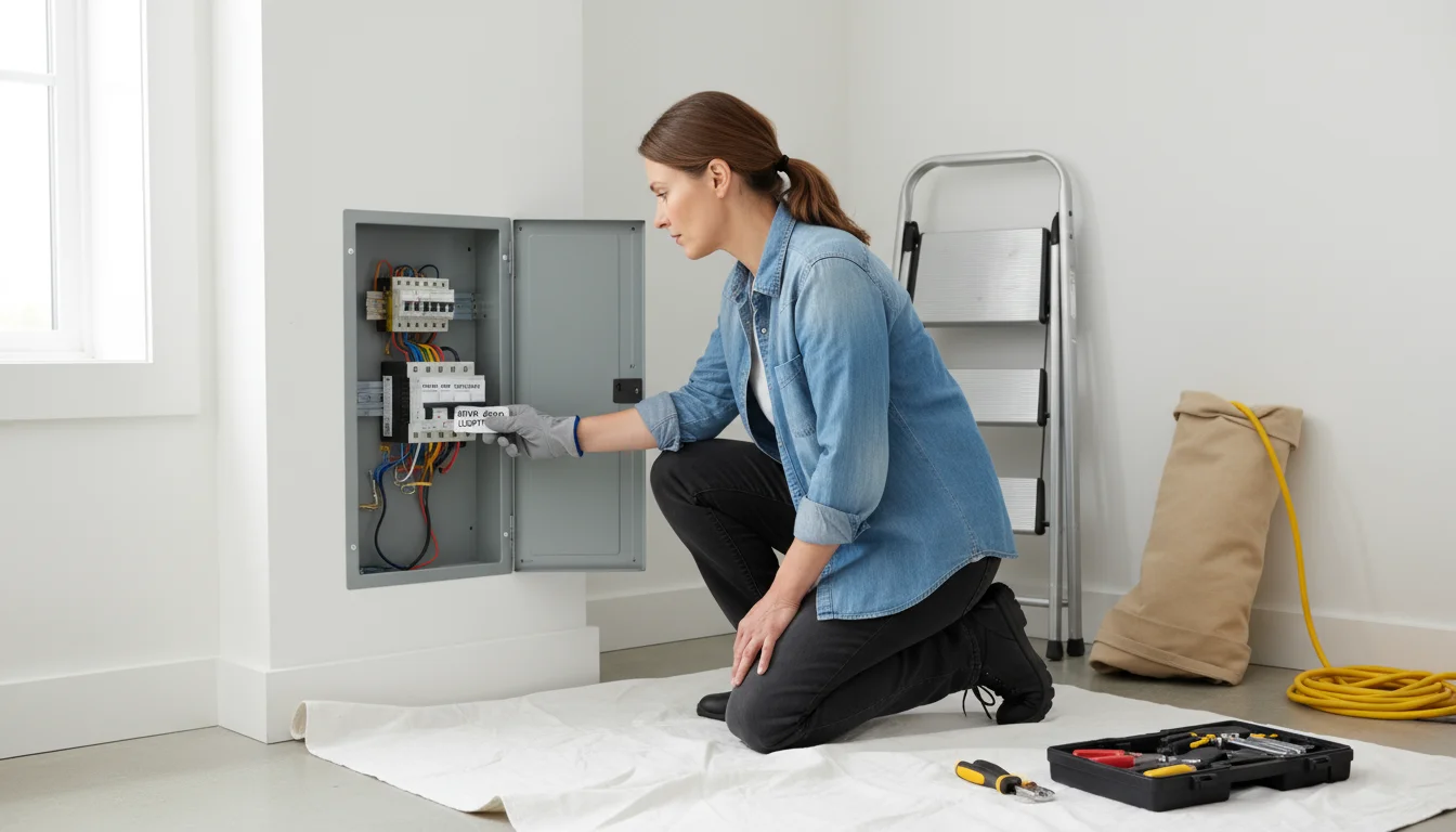 Woman kneeling before an open electrical panel, hand poised over a breaker switch. A drop cloth and step stool are in the background, a voltage tester
