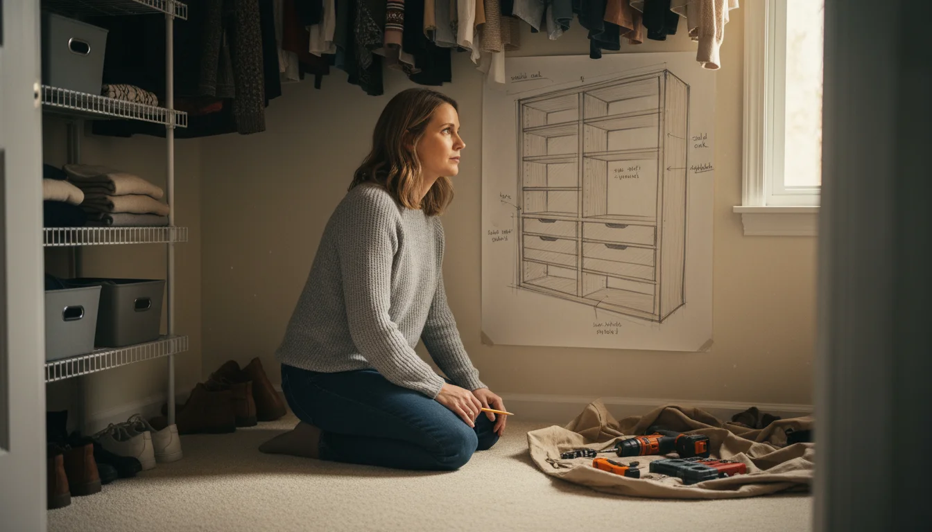 Woman kneeling in a closet, thoughtfully comparing existing wire shelving with a sketch of custom shelves on a budget notepad.