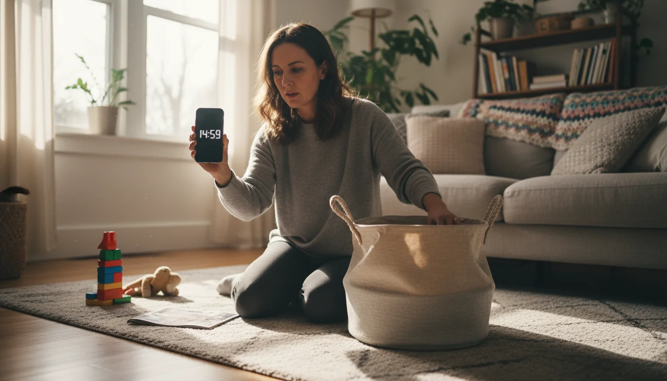 Woman kneeling in a cozy living room, reaching for a fabric laundry basket with a 15-minute timer visible on her phone, ready to declutter.