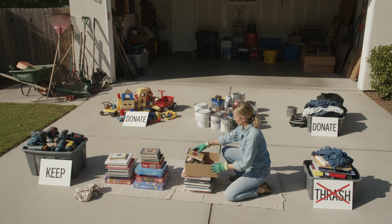 Woman kneeling in a driveway, sorting items from a garage into piles labeled 'Keep,' 'Donate,' and 'Trash' on a sunny day.
