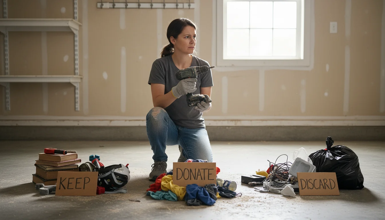 Woman kneeling in a garage, holding a dusty drill, surrounded by small piles of items for keeping, donating, and discarding.