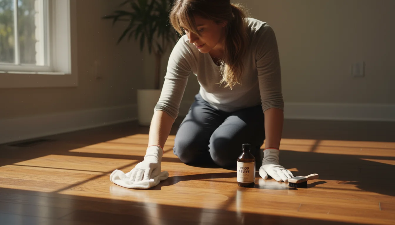 Woman kneeling on hardwood floor, polishing a section with a white cloth and bottle of conditioner nearby.