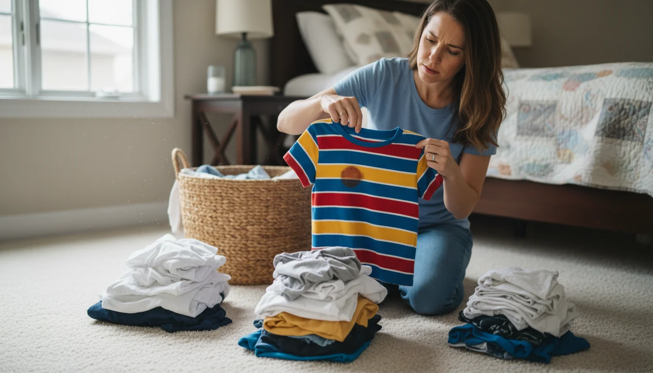 A woman kneeling, holding up a child's t-shirt to examine a stain, surrounded by three distinct piles of clothes: 'Keep', 'Donate/Sell', and 'Discard'