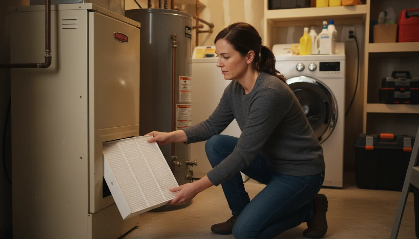 Woman kneeling, carefully inserting a new, white HVAC air filter into a beige furnace unit in a practical, well-kept utility space.