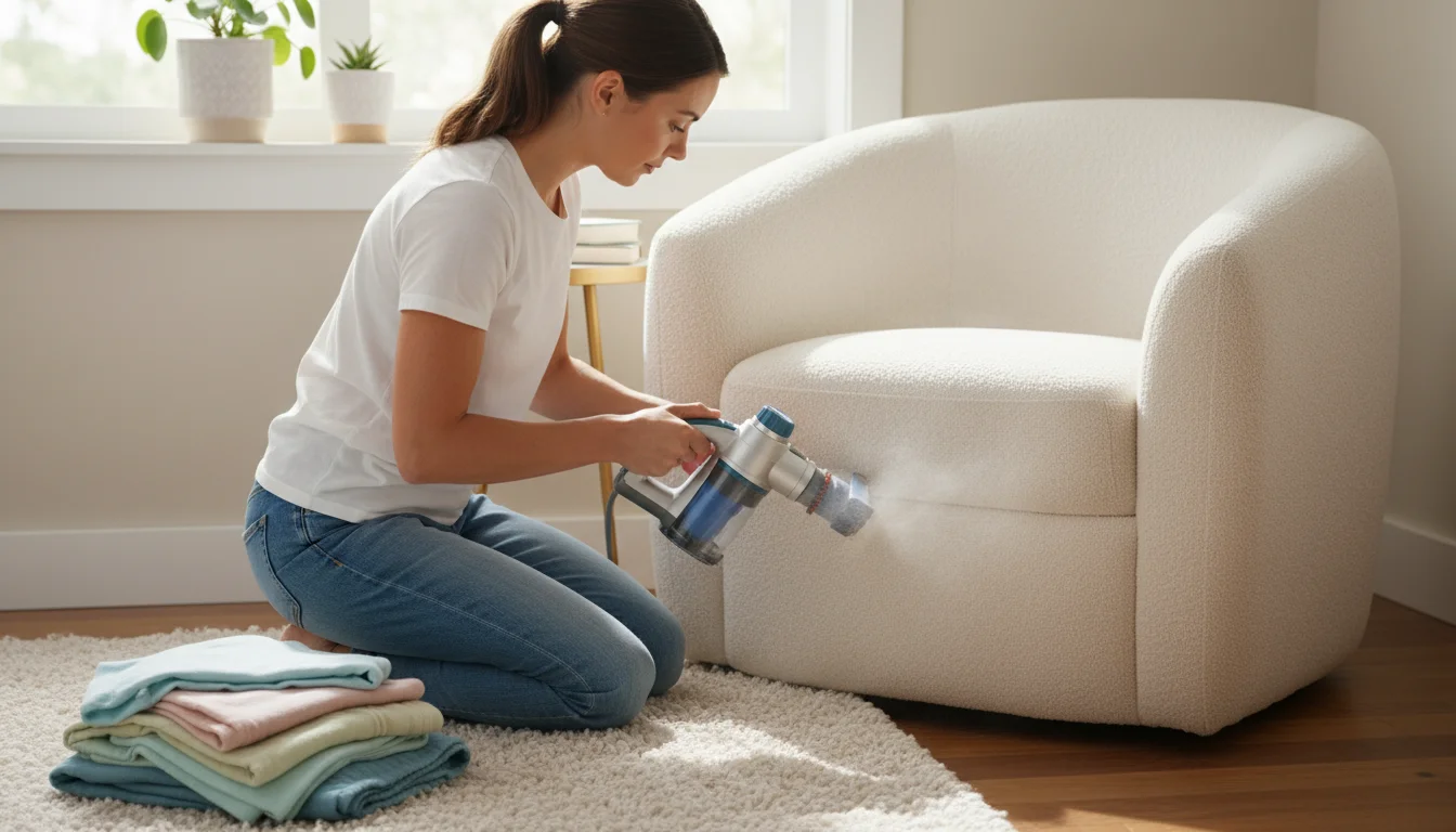 Woman kneeling by a reading armchair, vacuuming its upholstery with a handheld device. Freshly laundered pillow covers and books are on the floor besi