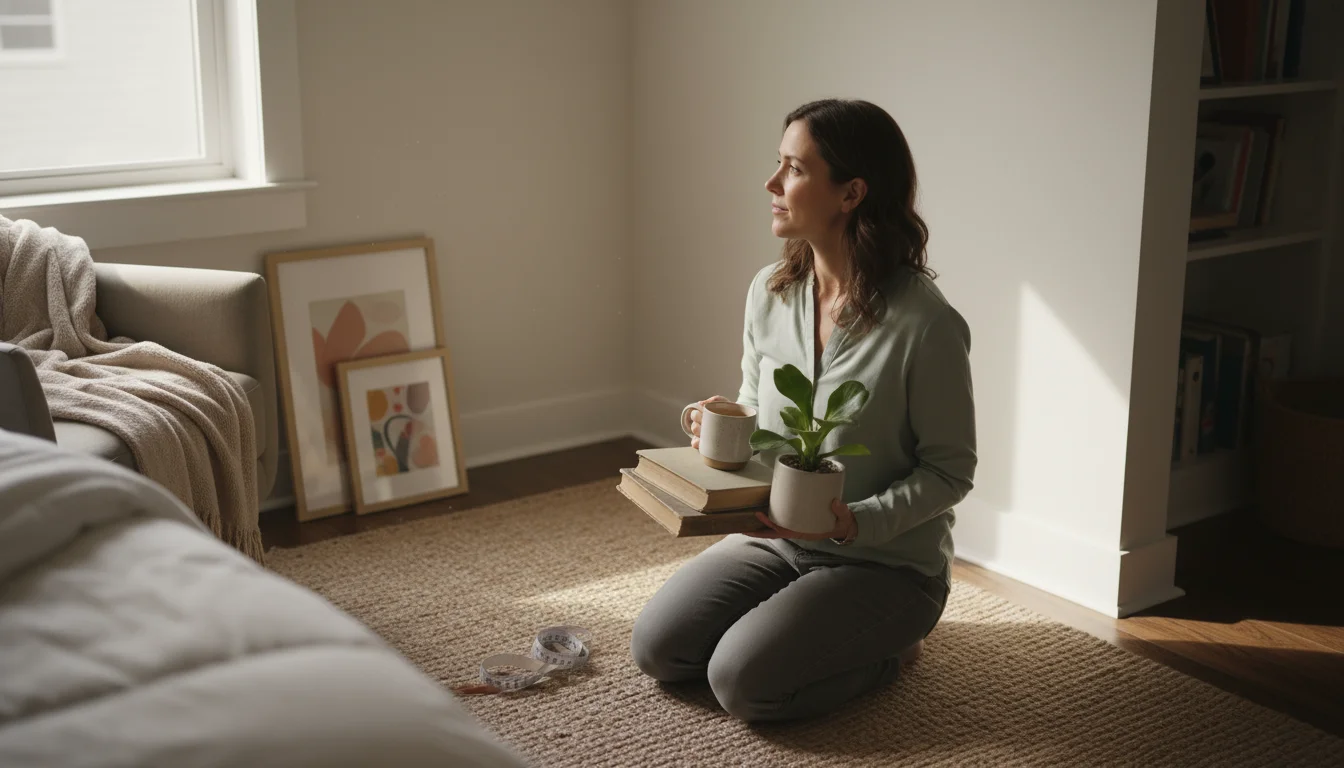 Woman kneeling on a rug in a cozy bedroom corner, holding books and decor, contemplating how to use the empty wall space. A measuring tape lies nearby