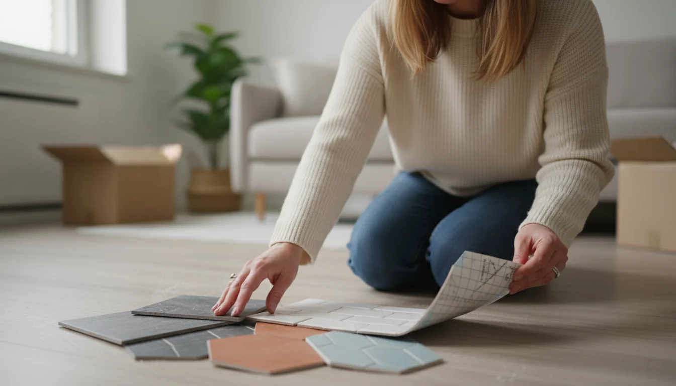 Woman kneeling, examining various peel-and-stick tile samples on a floor, one tile turned over to show its adhesive back.