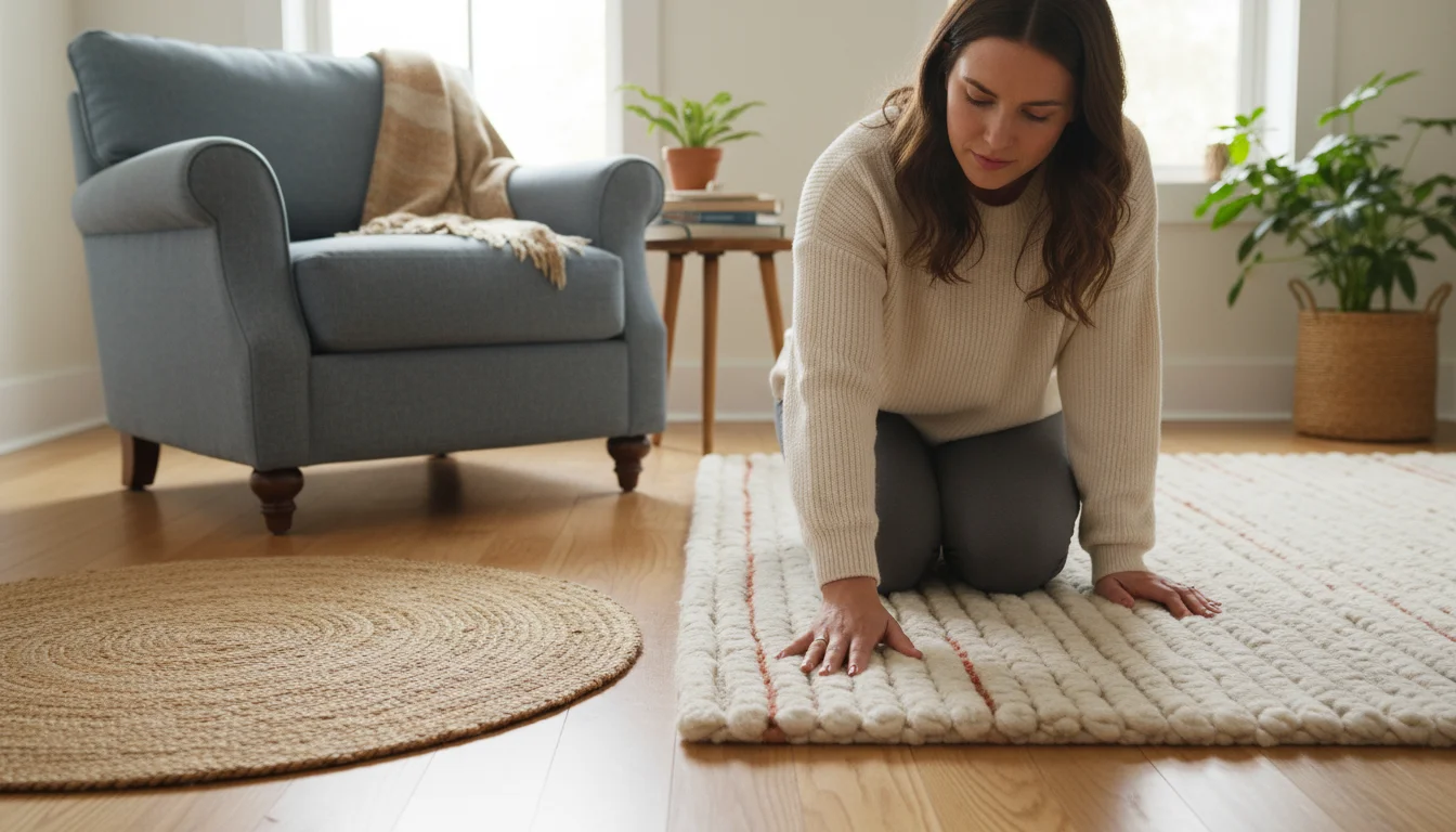 Woman kneeling on wood floor, feeling a plush wool rug swatch next to a flatter jute swatch.