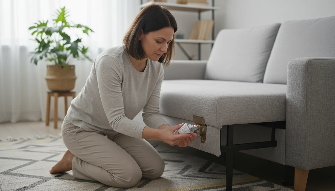 A woman kneels, applying lubricant to a hinge mechanism on the side of a modern gray sofa bed in a bright living room.
