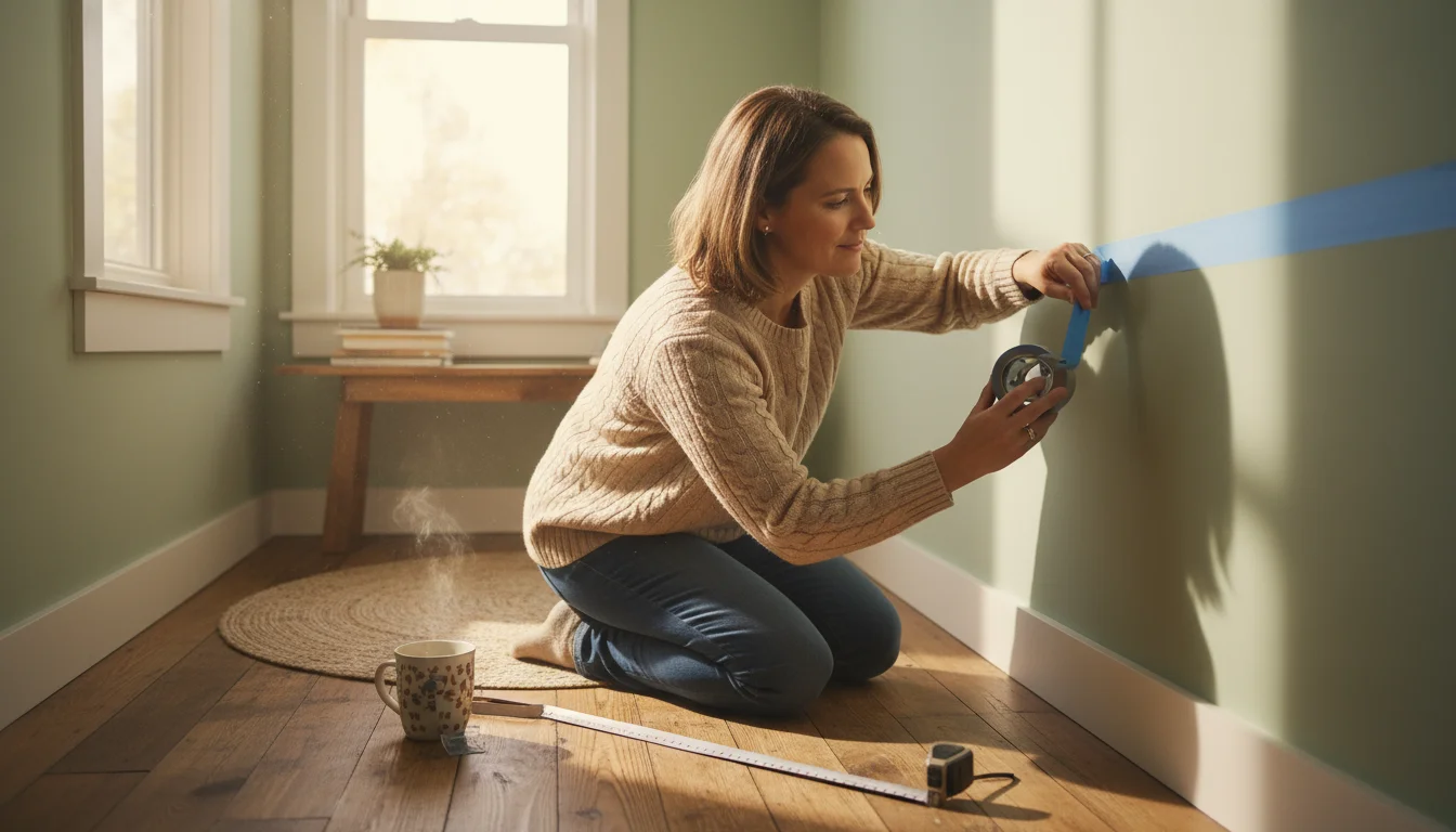 Woman kneels, applying painter's tape to a pale sage wall to mark out dimensions for a fold-down desk in a sunlit room.