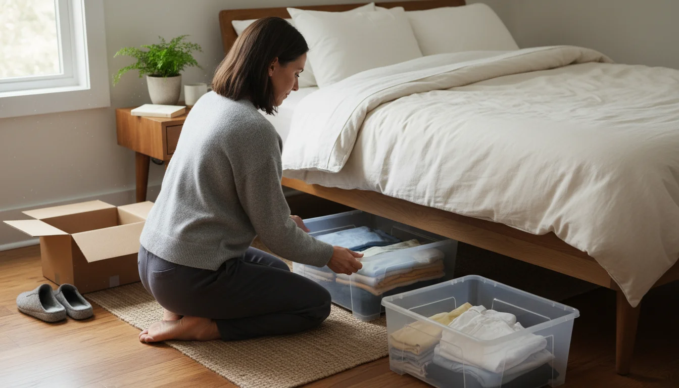 Woman kneels by bed, sliding a clear, wheeled bin with summer clothes under it, a partially deflated vacuum storage bag with a winter coat beside her.