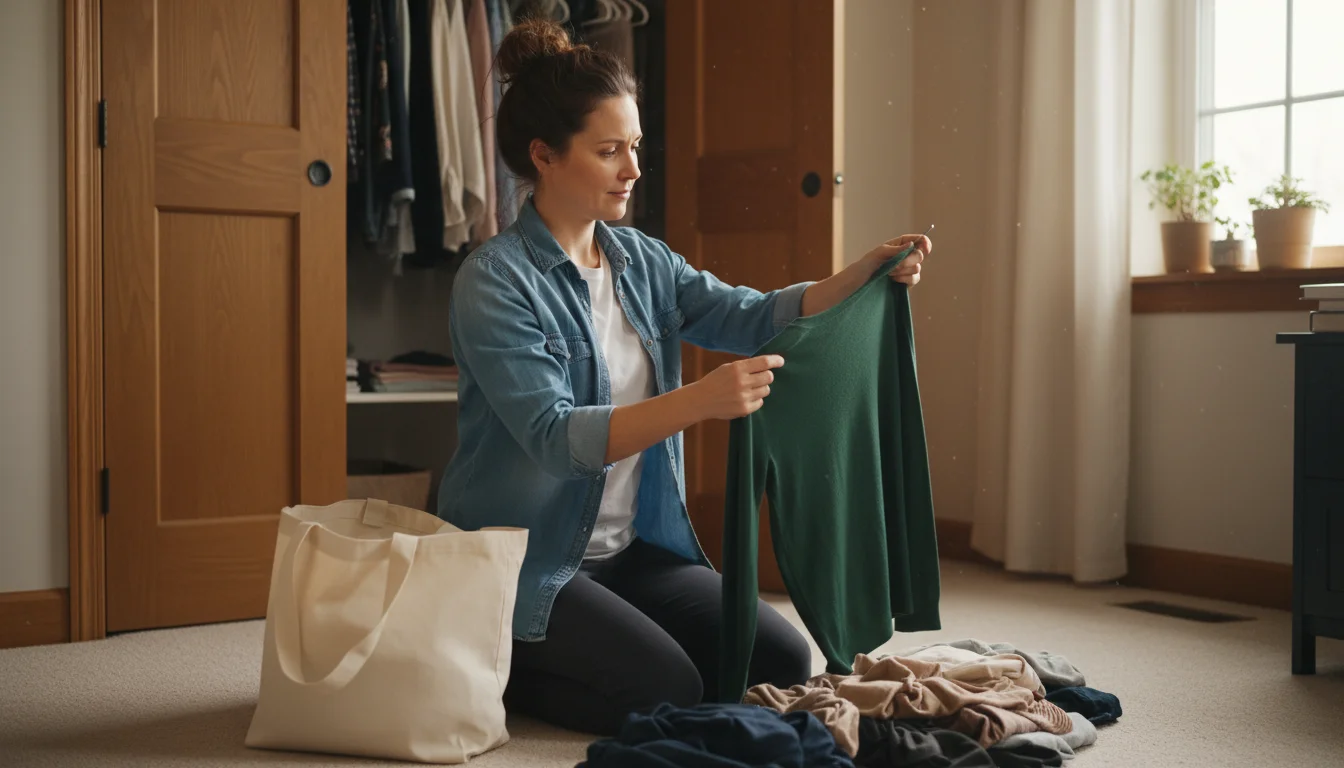 A woman kneels on a bedroom floor, thoughtfully sorting through a pile of clothes from her open closet, holding up a shirt.