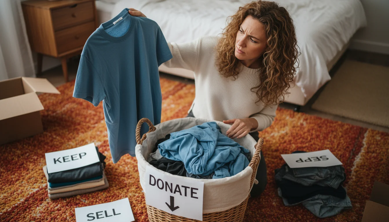 A woman kneels on a bedroom rug, thoughtfully holding a faded t-shirt over an overflowing donation basket, surrounded by piles of clothes for declutte