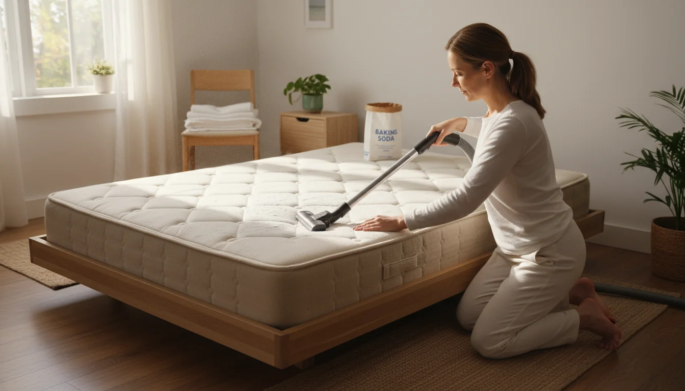 A woman kneels beside her stripped mattress, using a vacuum cleaner with an upholstery attachment to clean it thoroughly.