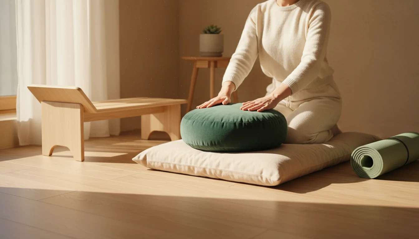 Woman kneels beside a meditation cushion and mat, with a low wooden bench and rolled yoga mat nearby in a warm, sunlit room.