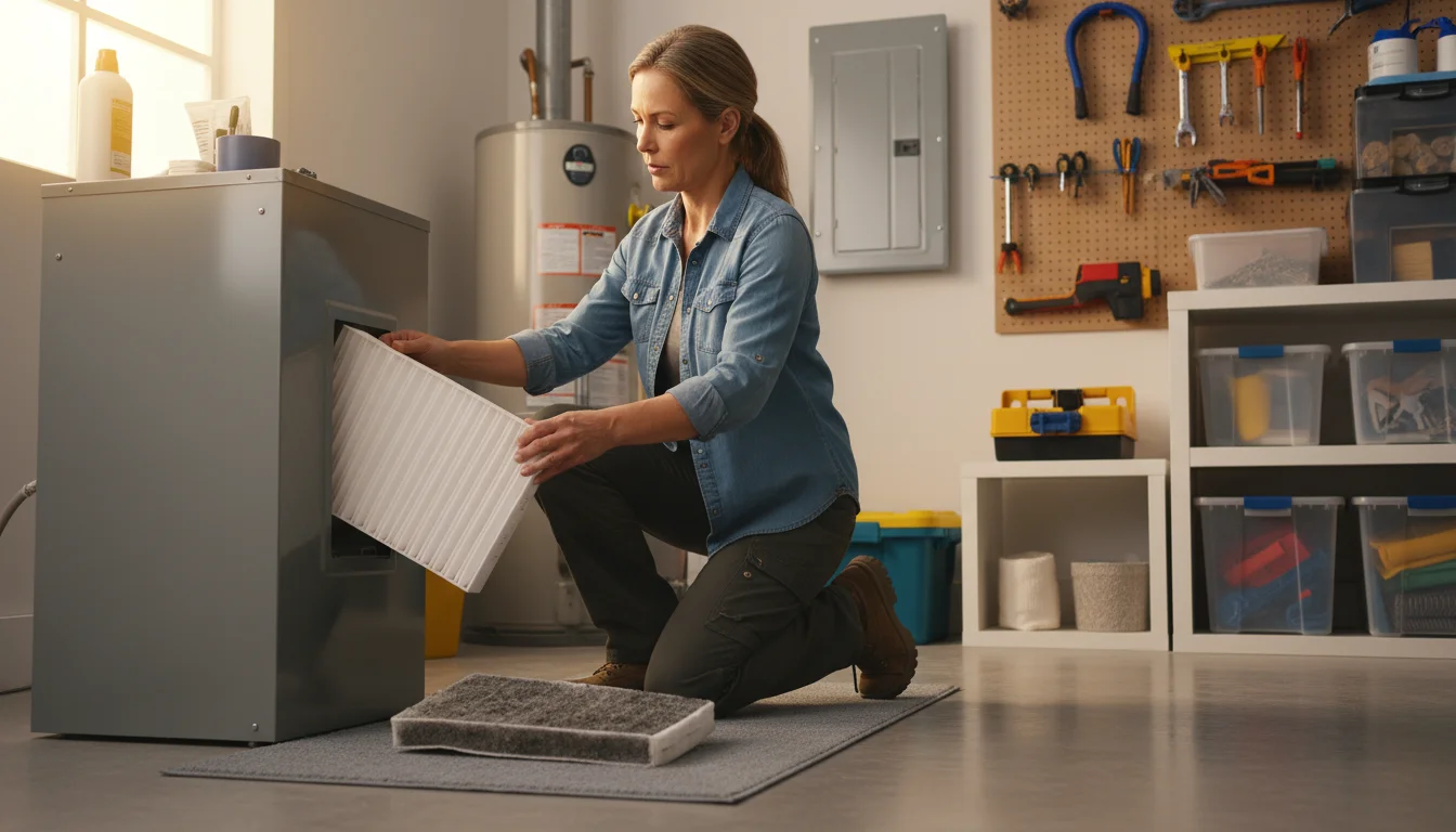 A woman kneels beside a modern furnace, expertly sliding a clean white air filter into place, with a dirty old filter on the floor.