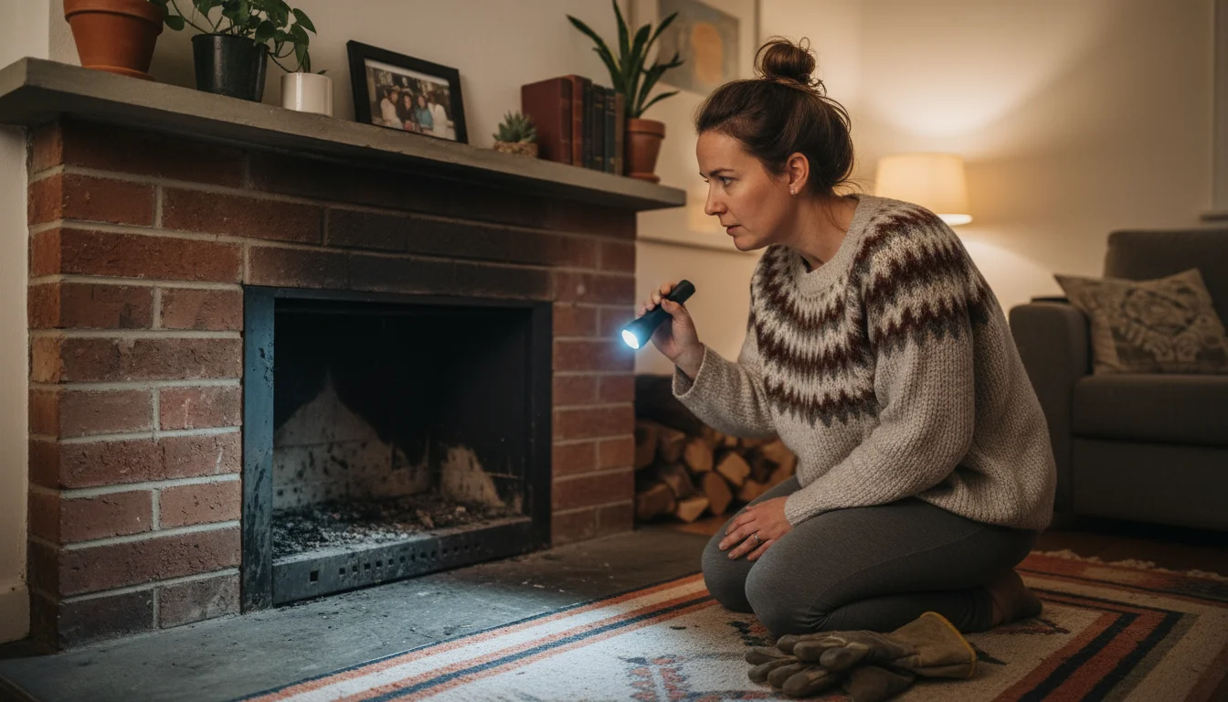 A woman kneels at a brick fireplace, holding a flashlight and looking into the flue with a concerned expression. A hint of dark residue is visible.