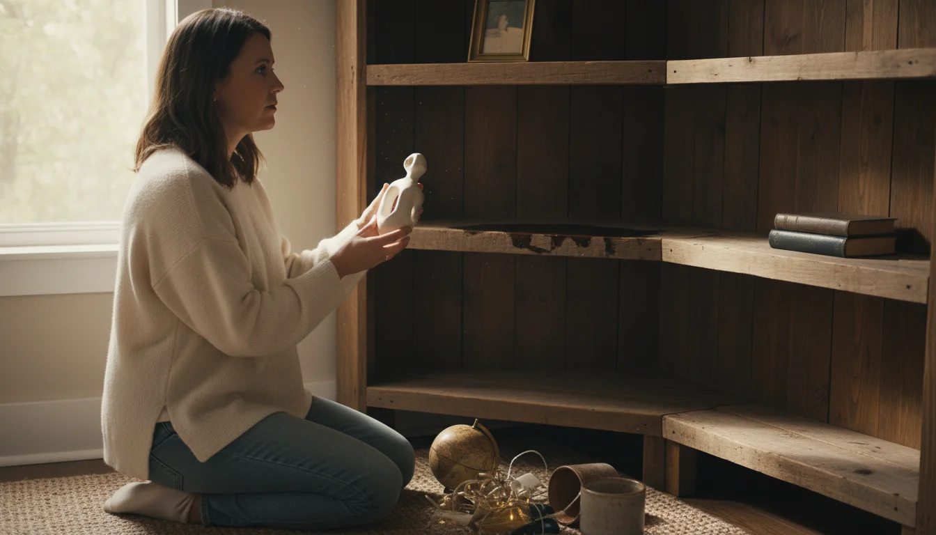 Woman kneels by a corner shelf, holding a small item thoughtfully during a decluttering sweep. Shelf is partly cleared.