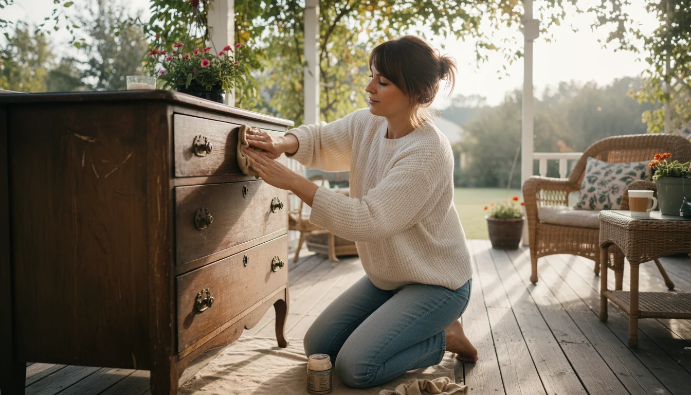 A woman kneels on a covered porch, gently inspecting a wooden drawer on a vintage dresser with her fingertips.