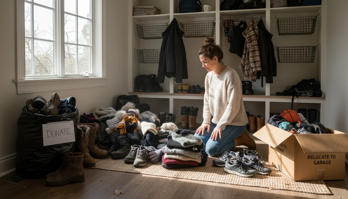 A woman kneels on the floor of a mudroom, actively sorting clothes and shoes into piles for keeping, donating, and relocating.