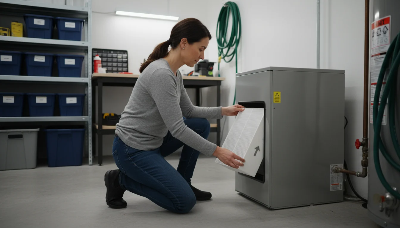 A woman kneels, focused, near a modern HVAC unit, about to replace its air filter in a tidy utility space.