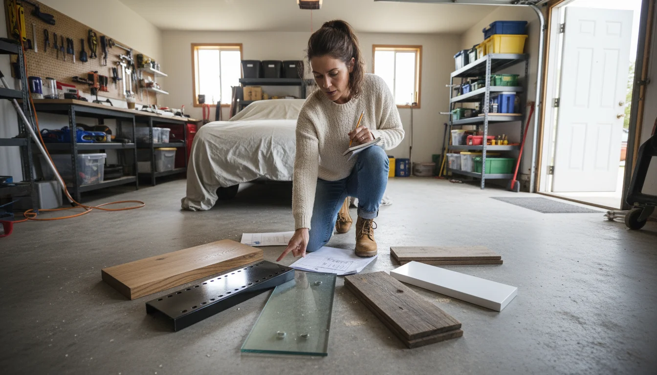 A woman kneels in a garage, looking at samples of wood, wire, and plastic shelving materials, planning organization.
