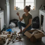 A woman kneels on her small kitchen floor, surrounded by a pile of items pulled from cabinets for decluttering. She holds a ceramic bowl.