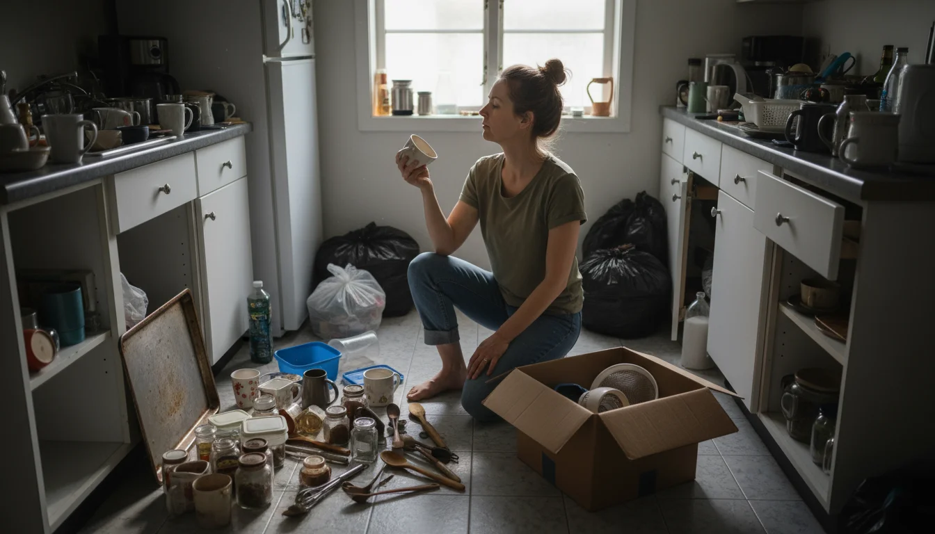 A woman kneels on her small kitchen floor, surrounded by a pile of items pulled from cabinets for decluttering. She holds a ceramic bowl.