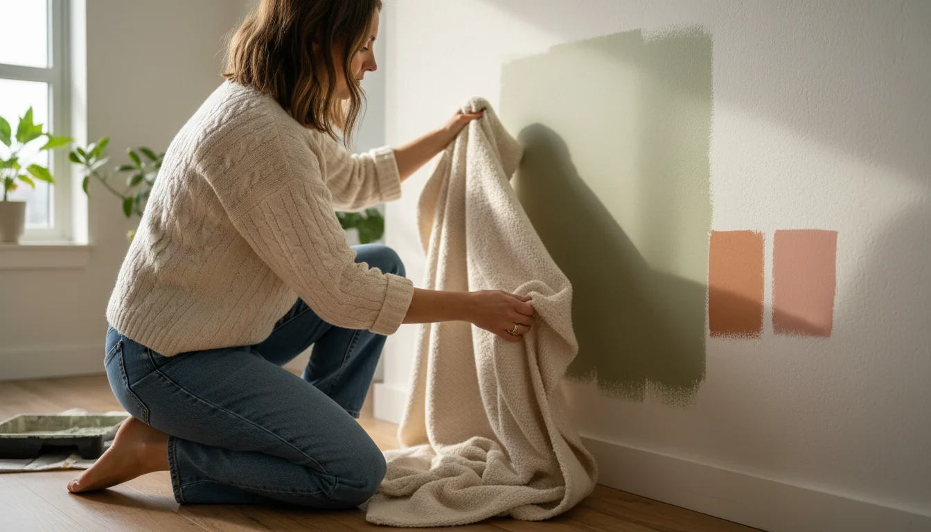 A woman kneels, holding a cream throw blanket against a sage green paint sample on a sunlit wall in a room.