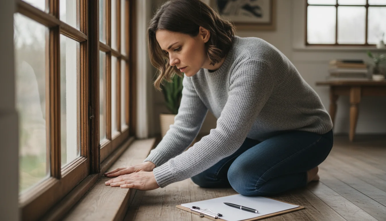 A woman kneels indoors, feeling for drafts along the bottom edge of an old wooden window frame, with a clipboard nearby.