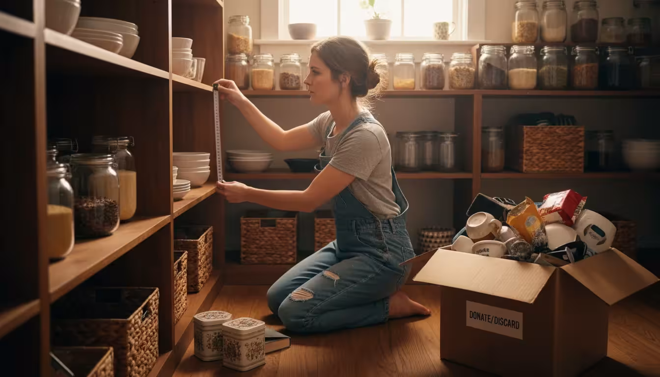 A woman kneels inside a bright pantry, measuring a shelf with a tape measure, surrounded by small piles of items for keeping and donating.