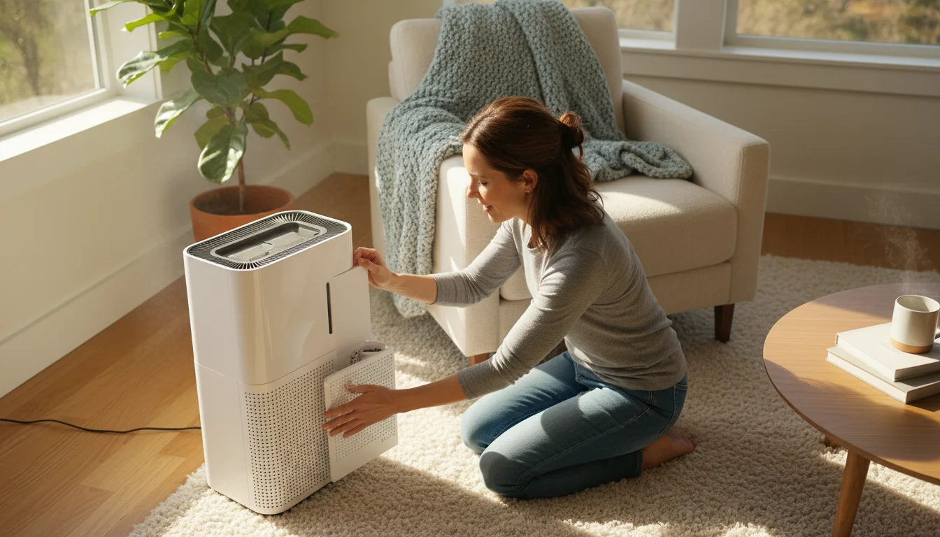 A woman kneels, inspecting the filter cover of a white combination air purifier and humidifier unit, with a golden retriever puppy sleeping on a rug n