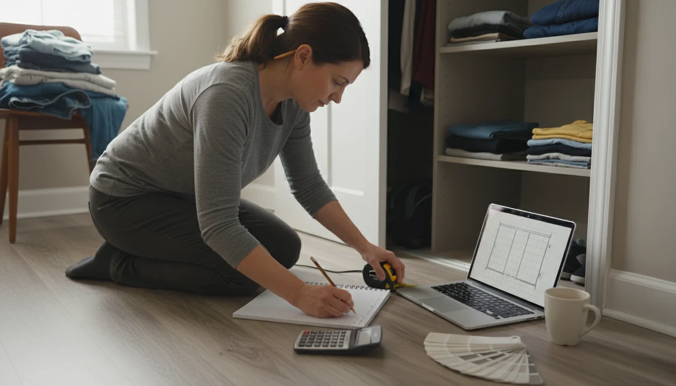 A woman kneels, measuring inside a partially empty closet with a tape measure, jotting notes. A laptop, calculator, and paint chips are nearby.