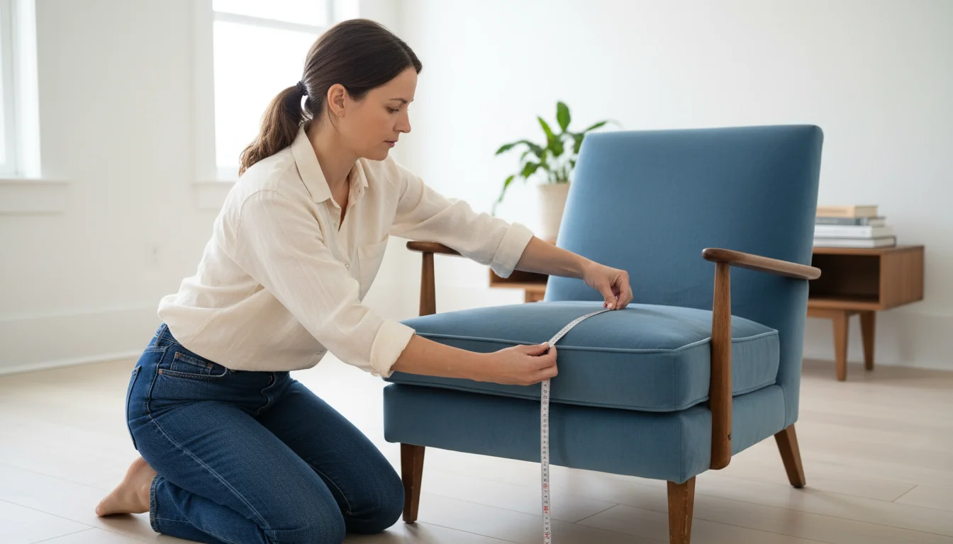 A woman kneels next to an armchair, measuring its depth with a silver tape measure, with a notebook on the rug beside her.