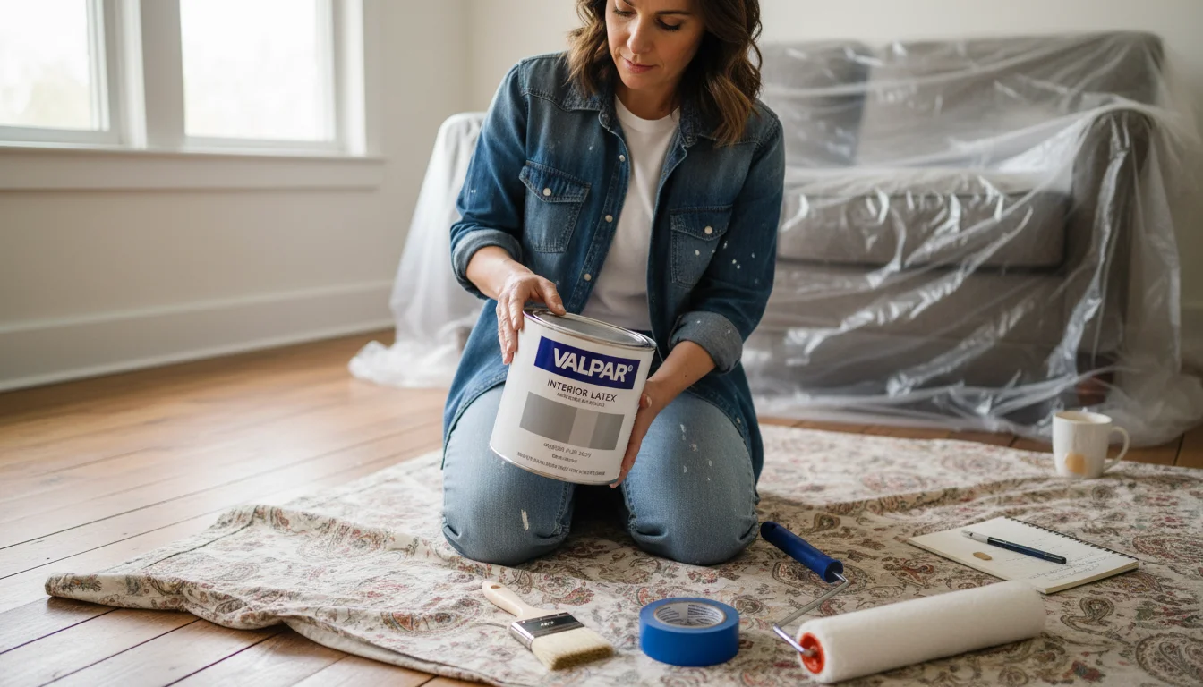 A woman kneels on an old bedsheet, examining a paint can. Simple painting supplies like a roller and tape are nearby on the floor.