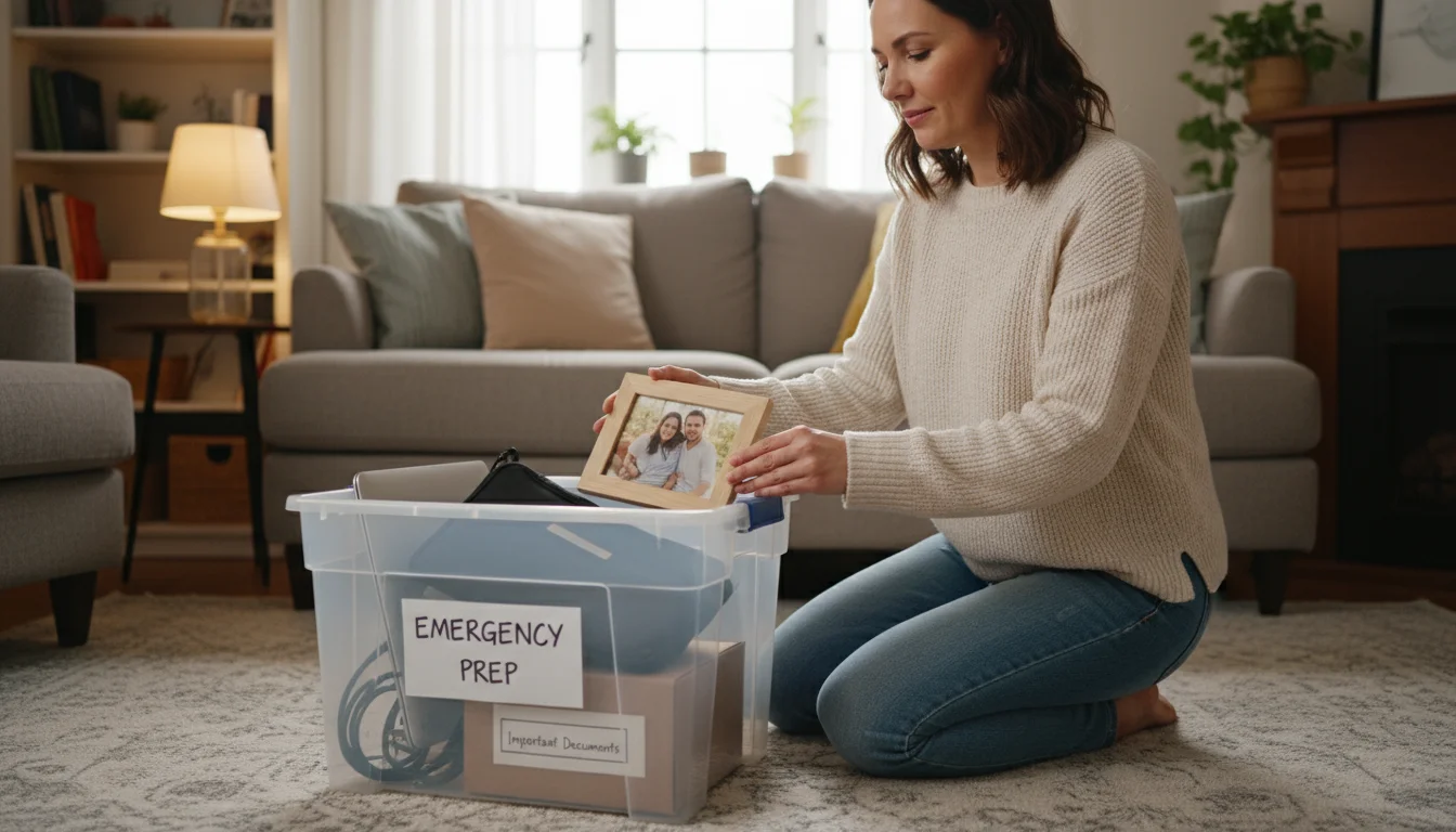 A woman kneels, carefully placing a framed family photo into a clear storage bin filled with valuables in a living room.
