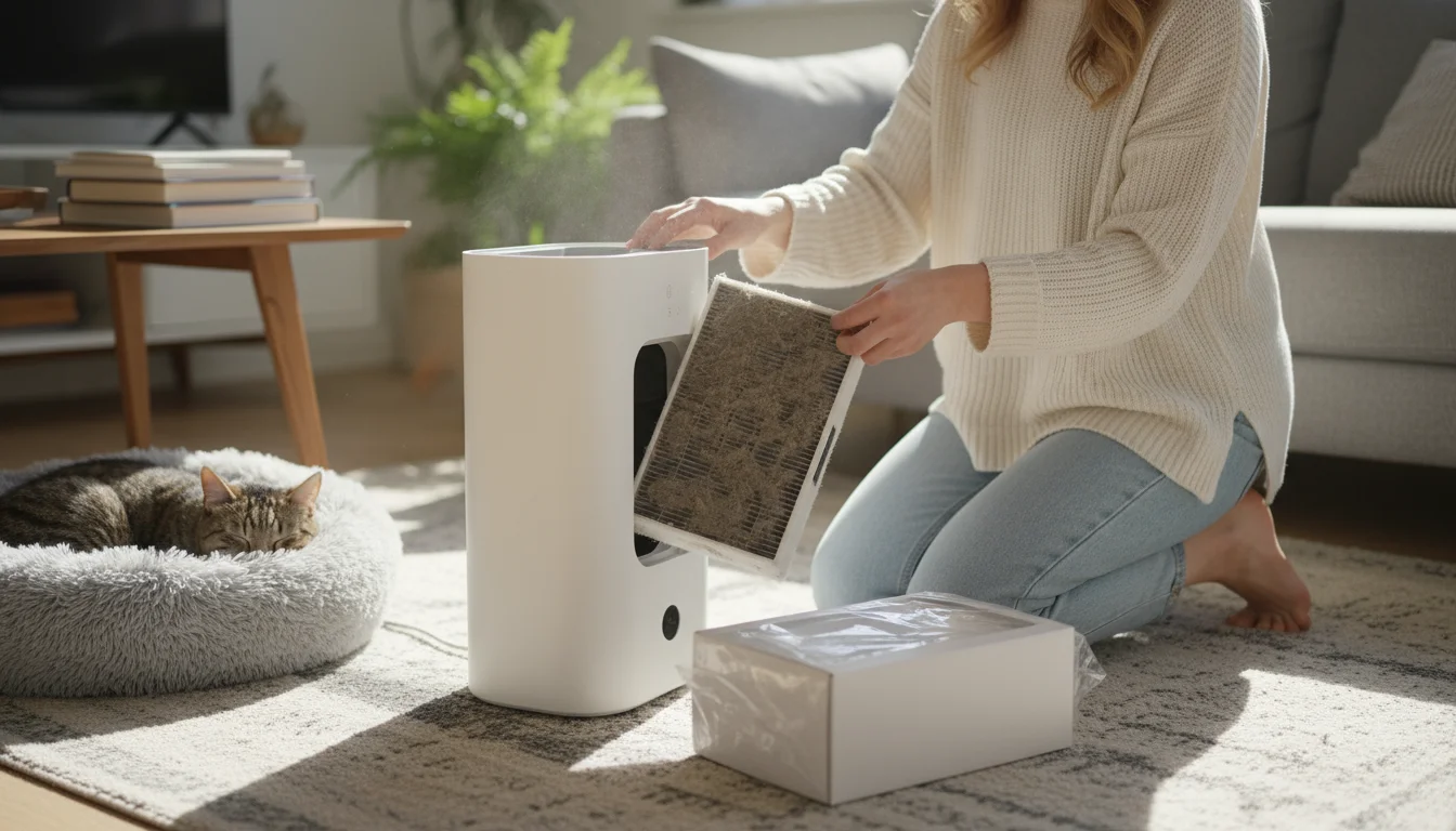 A woman kneels on a rug, pulling a visibly dirty air purifier filter from its unit in a sunlit living room, with a new filter package nearby.