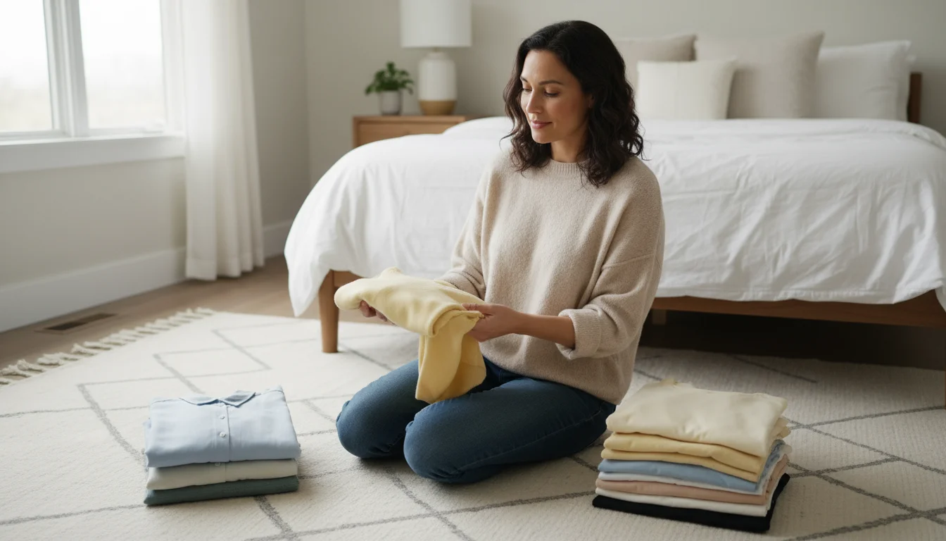 Woman kneels on a rug, sorting clothes into neat piles next to a clean, mostly empty closet with a vacuum hose visible.